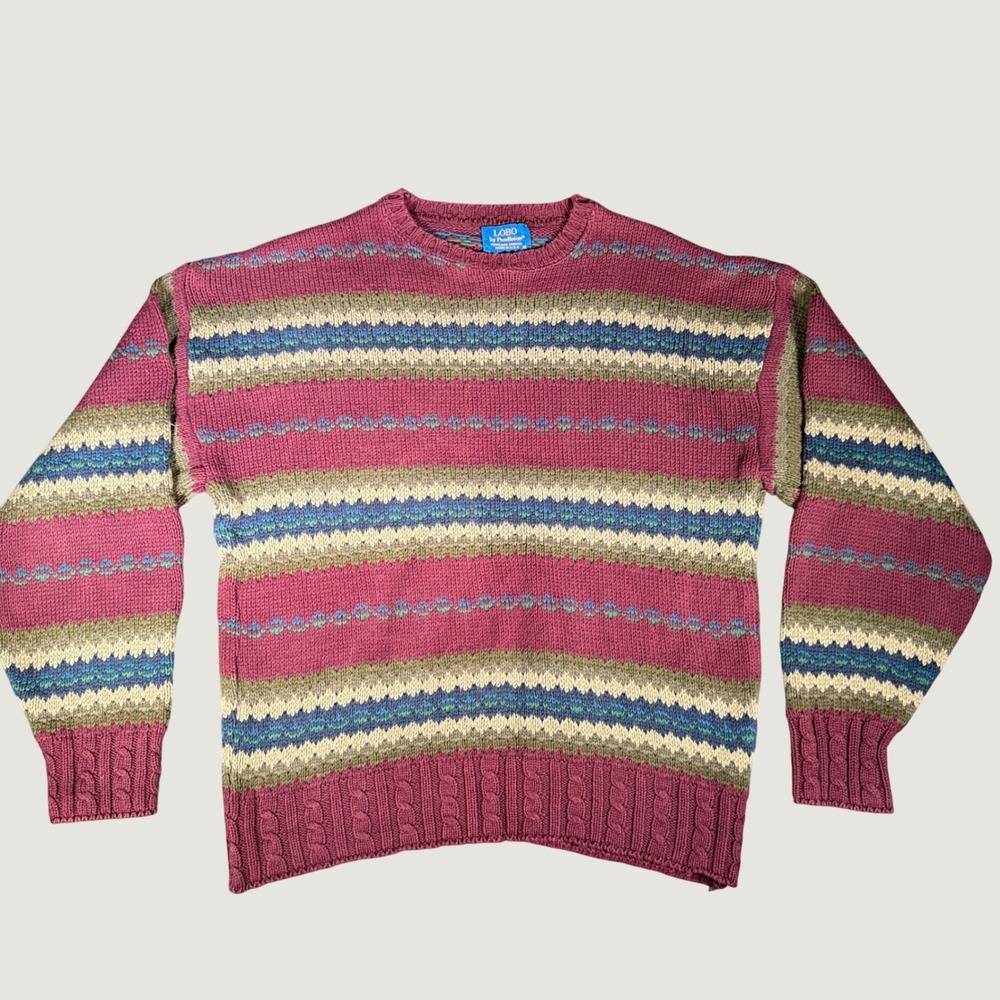 Vintage Lobo by Pendleton Mens XL Striped Crewneck Sweater Made in USA Burgundy
